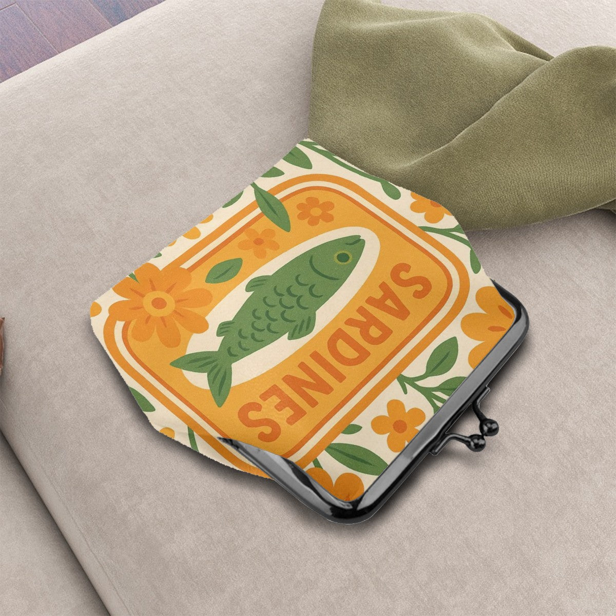 Quirky Cute Sardine Tinned Fish Orange Green Floral Women’s Leather Kiss Lock Coin Purse - 4.5’’x4.1’’ - Wallet