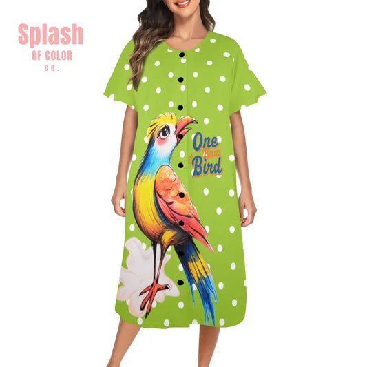 Quirky Mahjong One Bam Bird Green Polka Dot Ladies Muumuu Dress XS Pajamas