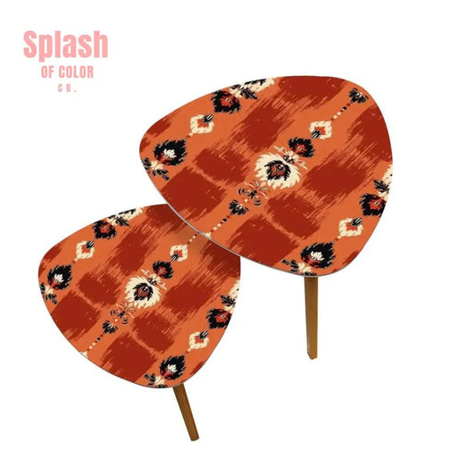 Red & Burnt Orange Ikat Nesting Tables – Watercolor Boho Coffee Table Set Bamboo Accent Tables for Stylish Home Decor