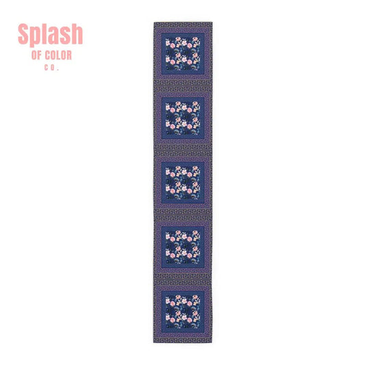 Royal Blue Floral Table Runner, Greek Key Designed Border - Splash of Color co.