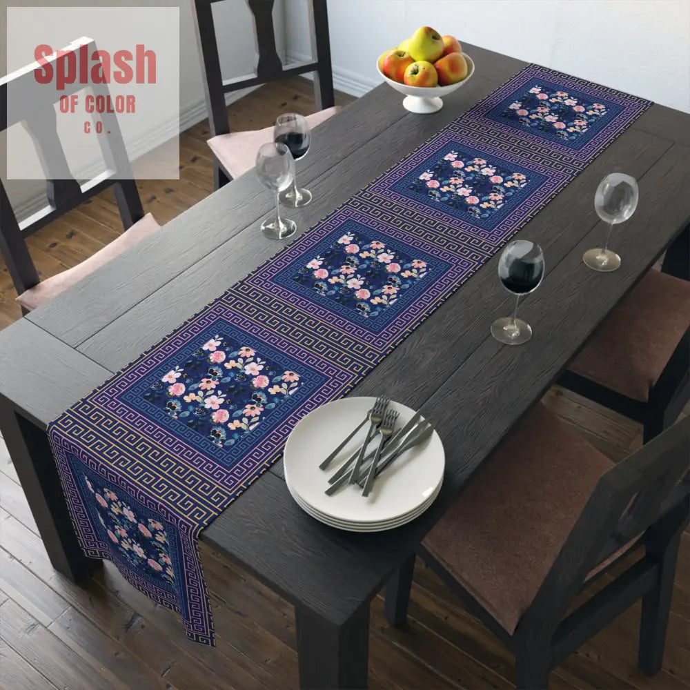 Royal Blue Floral Table Runner Greek Key Designed Border Home Decor