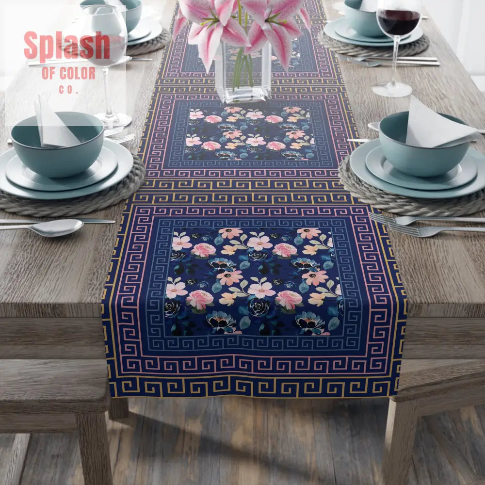 Royal Blue Floral Table Runner Greek Key Designed Border Home Decor