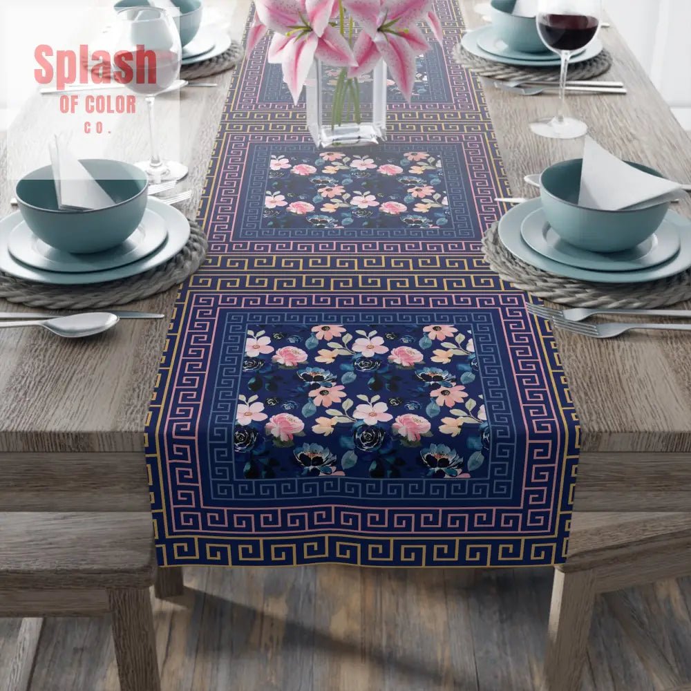 Royal Blue Floral Table Runner, Greek Key Designed Border - Splash of Color co.