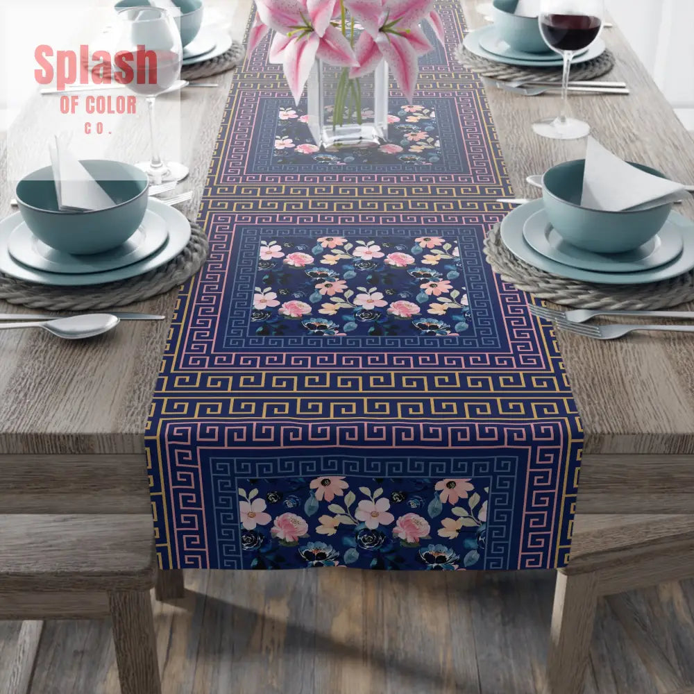 Royal Blue Floral Table Runner Greek Key Designed Border Home Decor
