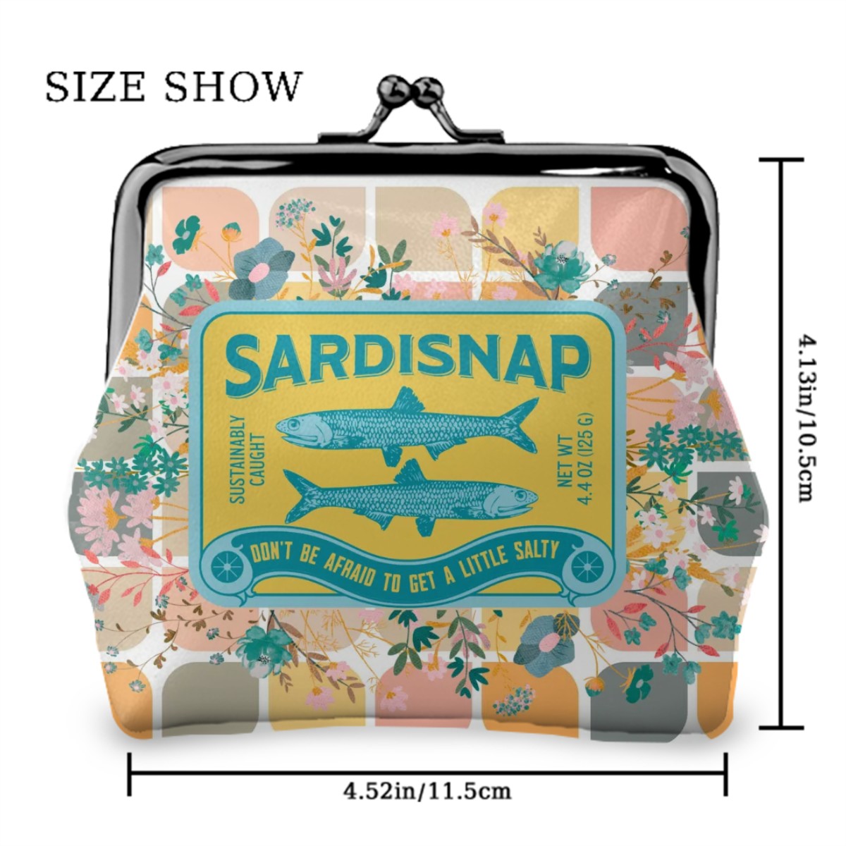 Sardine Can Tinned Fish Floral Modern Quirky Women’s Leather Kiss Lock Coin Purse - 4.5’’x4.1’’ - Wallet