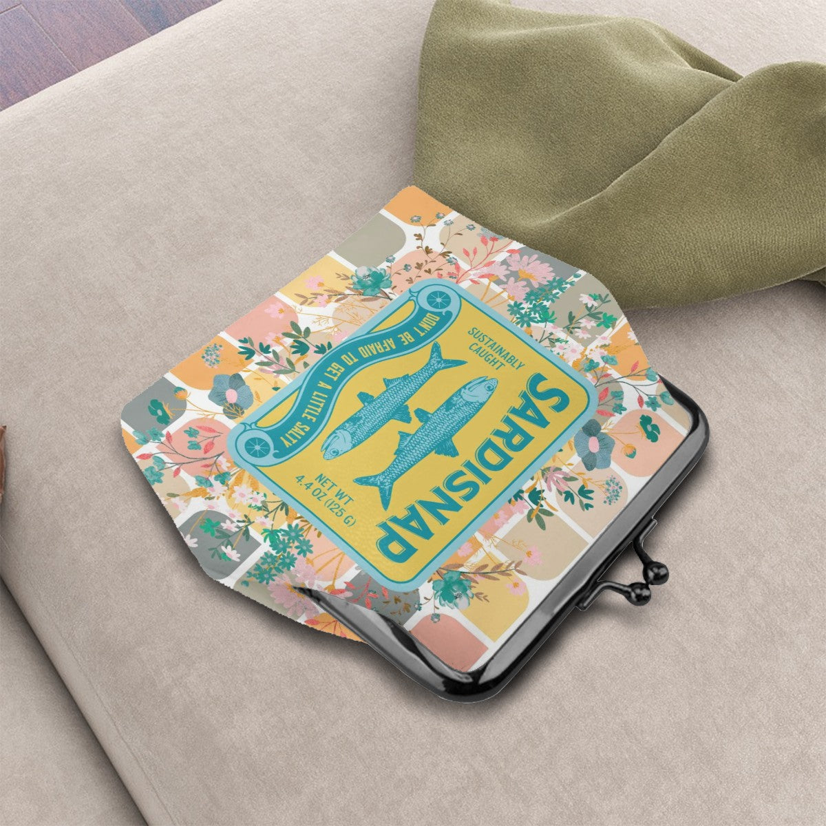 Sardine Can Tinned Fish Floral Modern Quirky Women’s Leather Kiss Lock Coin Purse - 4.5’’x4.1’’ - Wallet