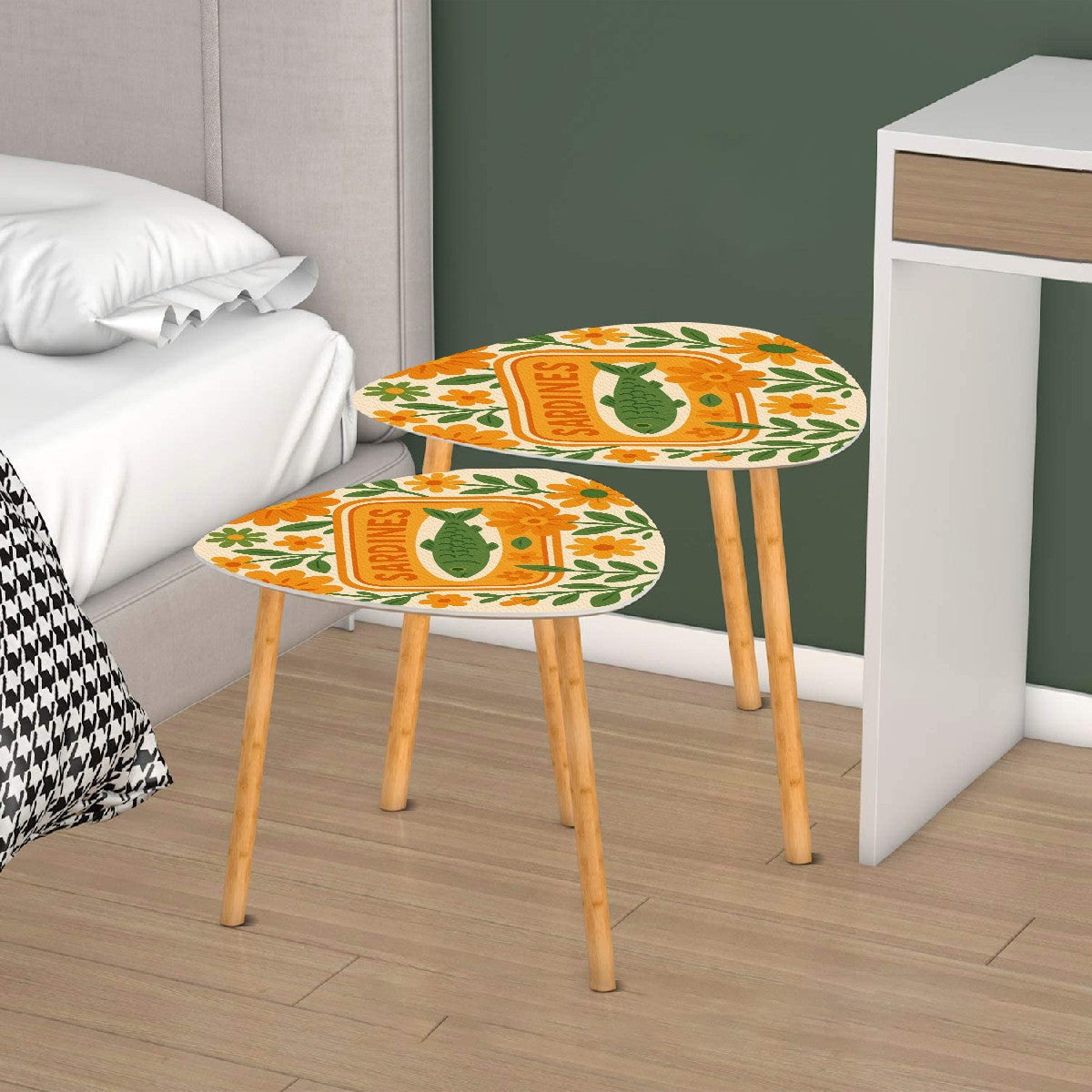 Sardine Floral Nautical Modern Nesting Table Triangle Coffee Table Set of 2 - One Size - Home Accessories