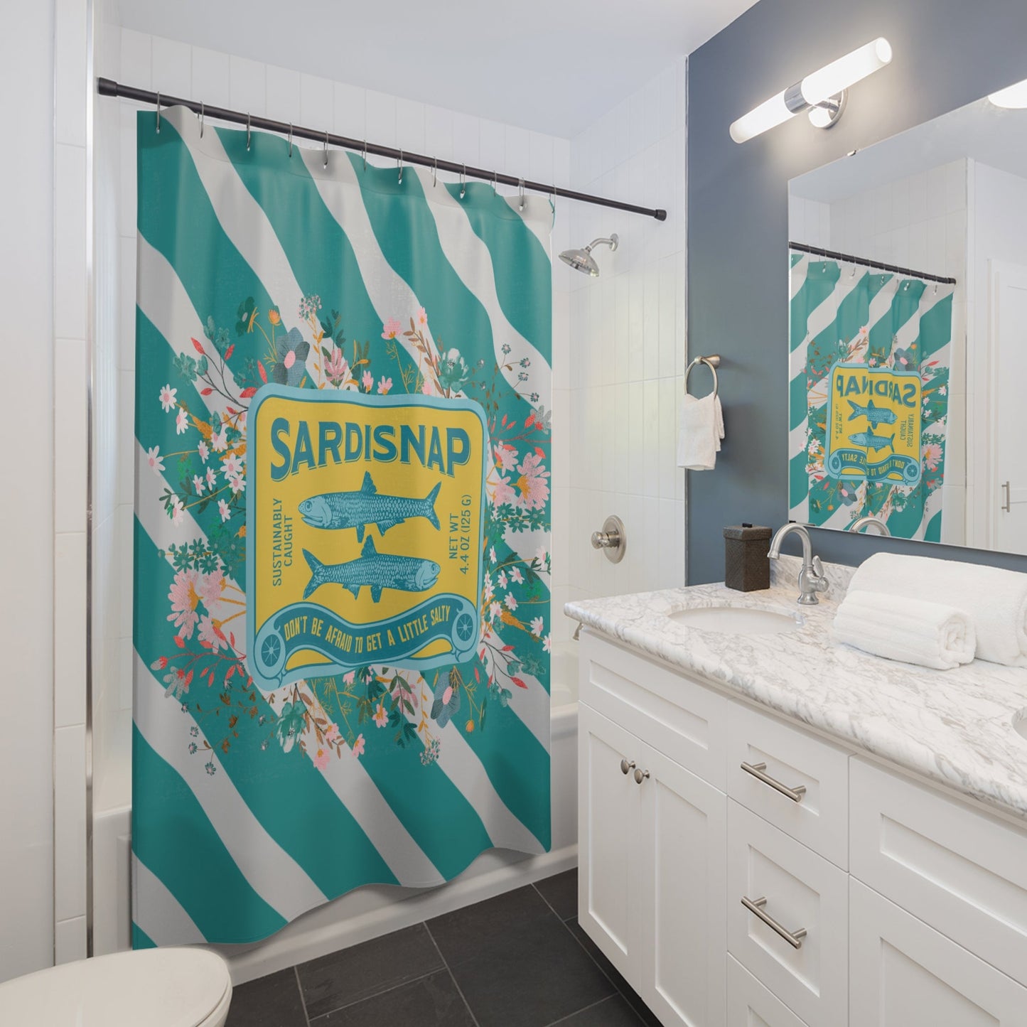 Sardine Shower Curtain Tinned Fish Vibrant Sardisnap Shower Curtain with Floral Design Coastal Bathroom Decor - 71’’ ×