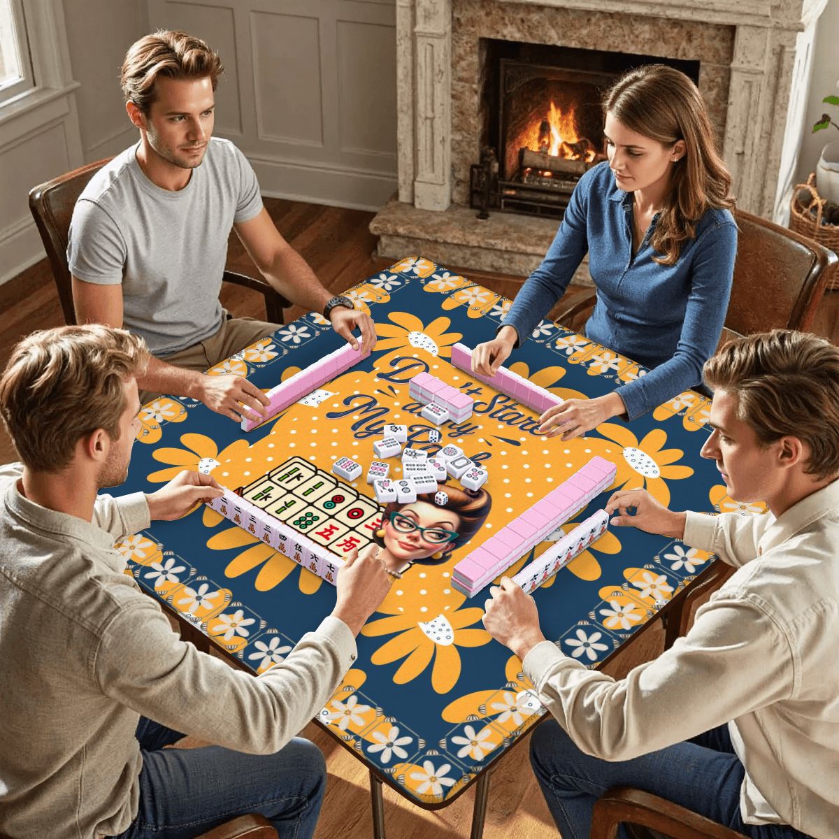 Sassy Funny Mahjong Mat Don’t Stare At My Rack Blue Yellow Preppy Floral - 31.5’’x31.5’’ - Daily Accessories