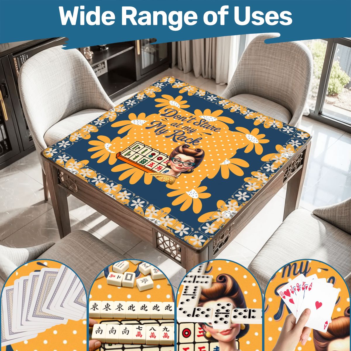 Sassy Funny Mahjong Mat Don’t Stare At My Rack Blue Yellow Preppy Floral - 31.5’’x31.5’’ - Daily Accessories