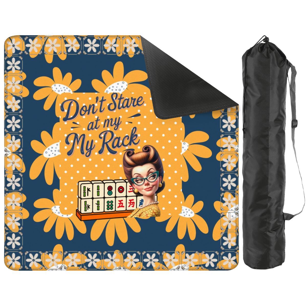 Sassy Funny Mahjong Mat Don’t Stare At My Rack Blue Yellow Preppy Floral - 31.5’’x31.5’’ - Daily Accessories
