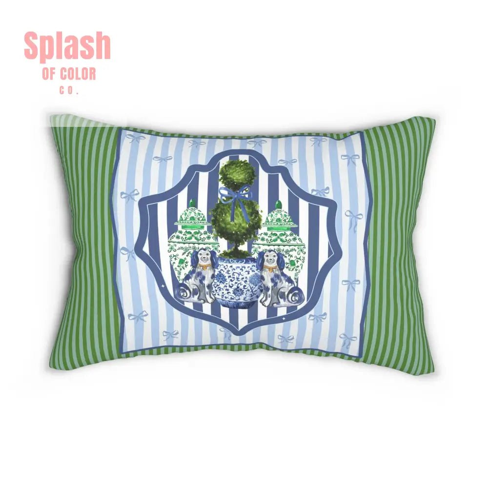 Staffordshire Dogs, Chinoiserie Green Blue Striped Chic Lumbar Pillow - Splash of Color co.