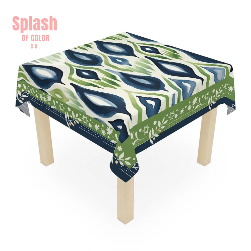 Star Of David Jewish Mahjon Elegant Watercolor Blue Green Tablecloth with Geometric Pattern One size / White Home Decor