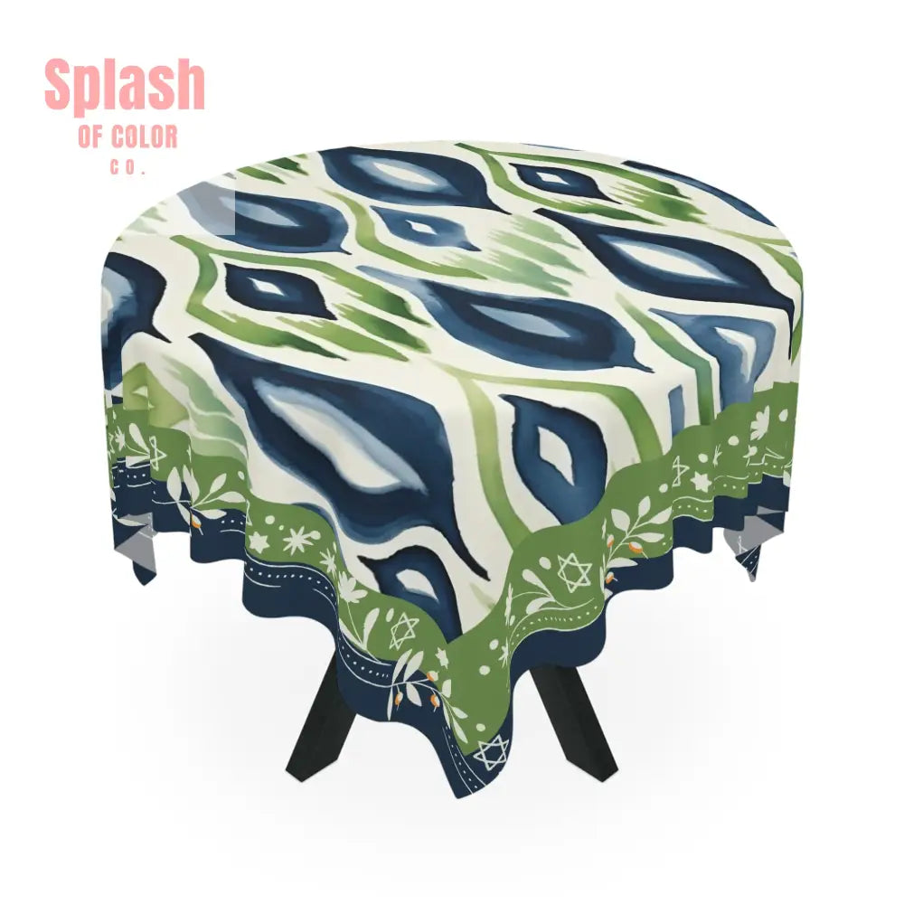 Star Of David Jewish Mahjon Elegant Watercolor Blue Green Tablecloth with Geometric Pattern One size / White Home Decor