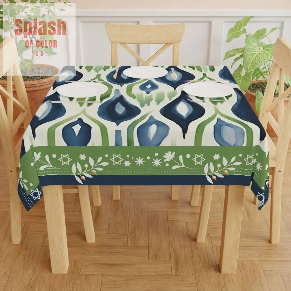 Star Of David Jewish Mahjon Elegant Watercolor Blue Green Tablecloth with Geometric Pattern One size / White Home Decor