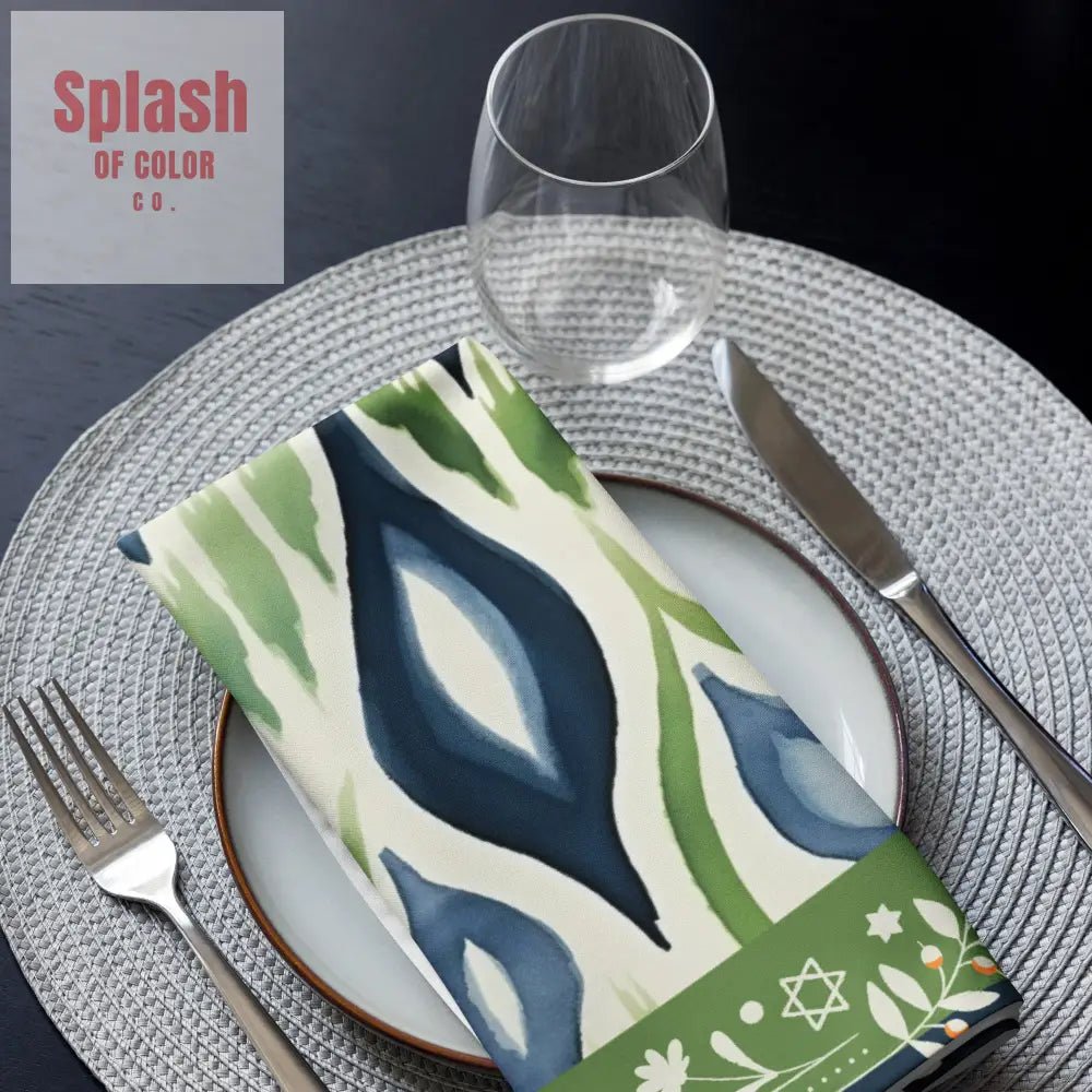 Star Of David Royal Blue Green Watercolor Ikat Design Elegant Dinner Napkin Set - Splash of Color co.
