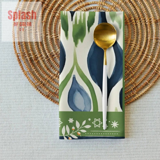 Star Of David Royal Blue Green Watercolor Ikat Design Elegant Dinner Napkin Set - Splash of Color co.