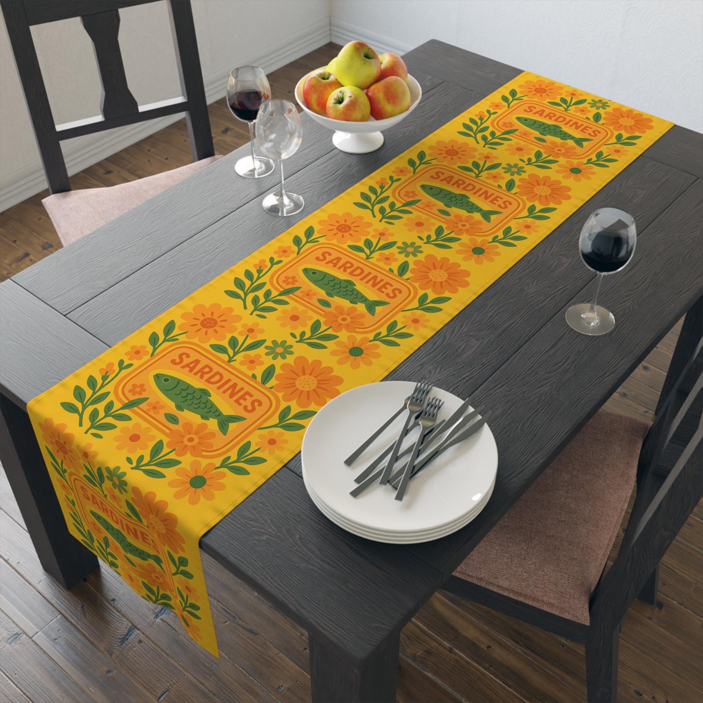Summer Sardine Table Runner Cheerful Tinned Fish Floral Table Runner | Nautical Bright Summer Decor
