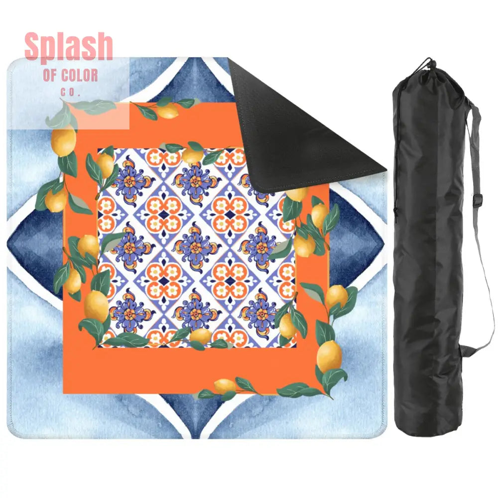 Taste Or Tuscany Citrus Lemong Orange Blue Watercolor Mahjong Mat - 2mm (Black Bag) - Daily Accessories