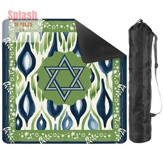 The Star Of David Jewish Watercolor Ikat, Green, Blue Mahjong Mat - Splash of Color co.