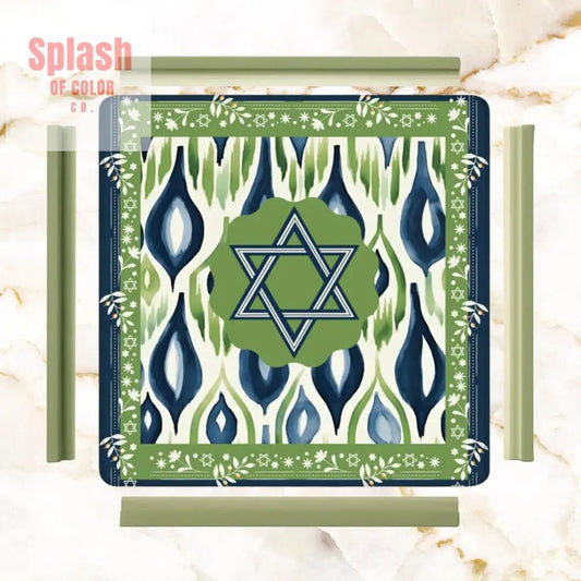 The Star Of David Jewish Watercolor Ikat, Green, Blue Mahjong Mat - Splash of Color co.