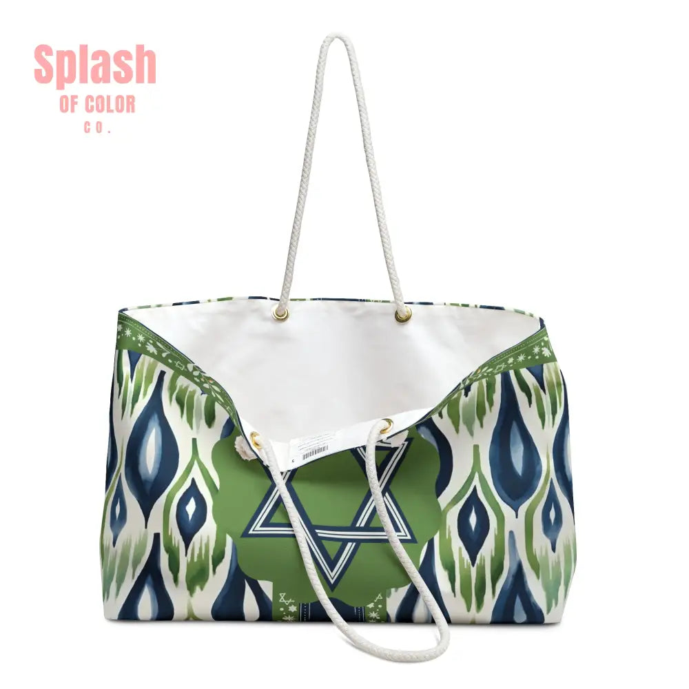 The Star Of David Mahjong Tote Bag Blue Green Ikat Watercolor Stylish Weekender Bag for Travel 24’’ × 13’’ Bags