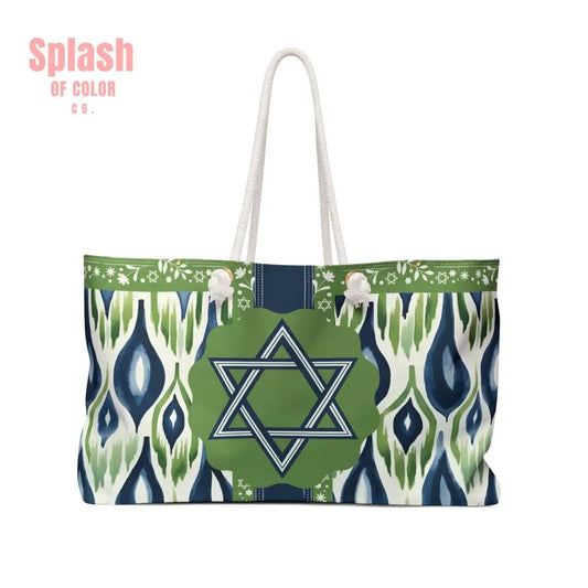 The Star Of David Mahjong Tote Bag, Blue Green Ikat Watercolor Stylish Weekender Bag for Travel - Splash of Color co.
