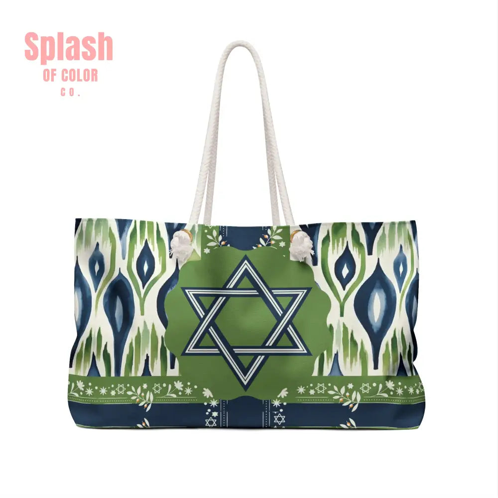 Tote bag with Star of David design on a green background