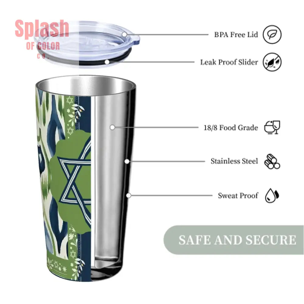 The Star Of David Watercolor Ikat Blue Green Modern Stainless Steel Insulated Tumbler One Size Drinkware