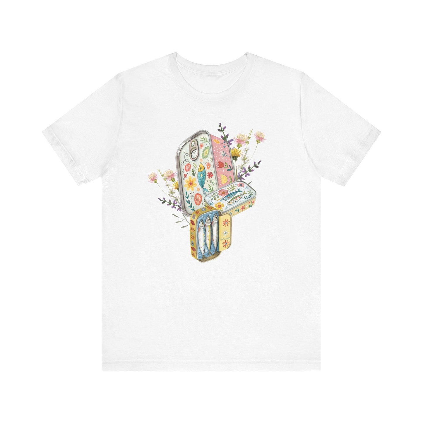 Tinned Fish Sardine Floral T-Shirt Bohemian Style Tee Casual Summer Shirt Gift for Nature Lovers Trendy Graphic Top