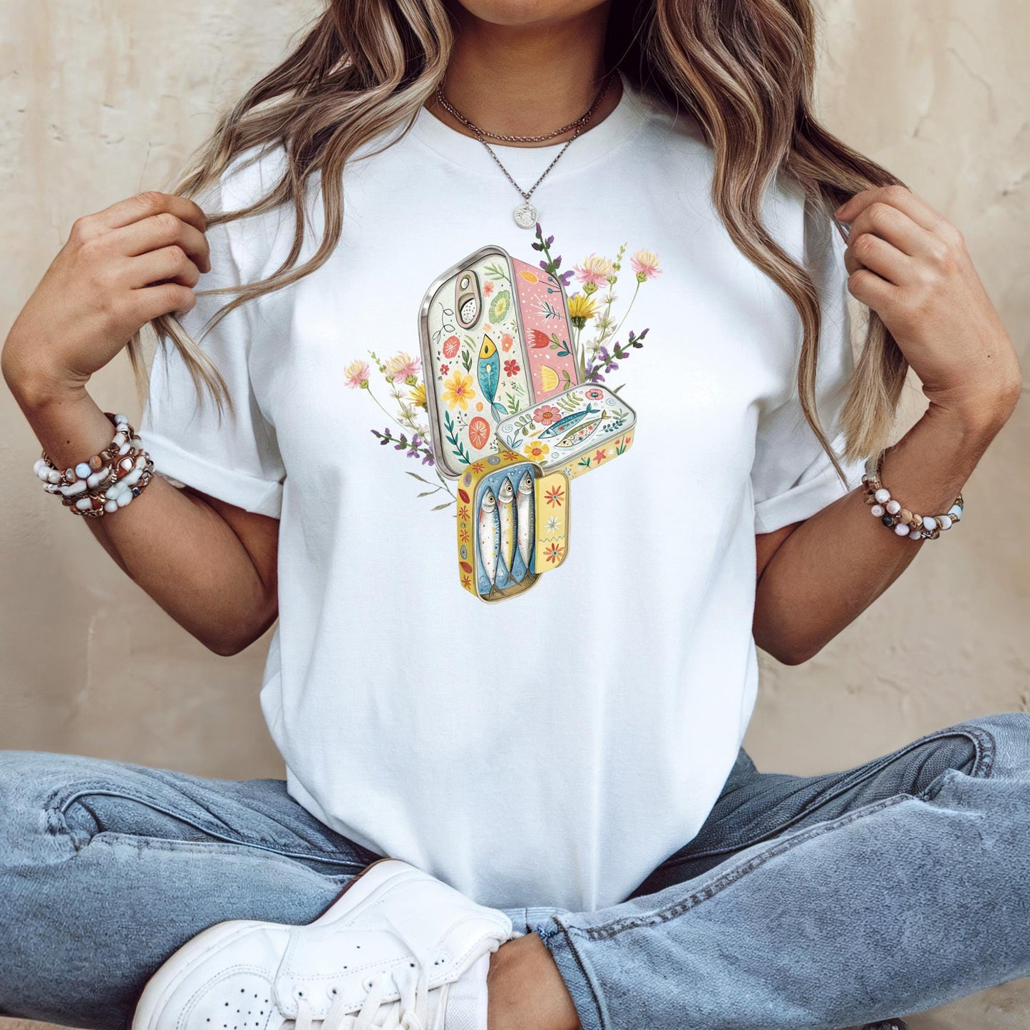 Tinned Fish Sardine Floral T-Shirt Bohemian Style Tee Casual Summer Shirt Gift for Nature Lovers Trendy Graphic Top