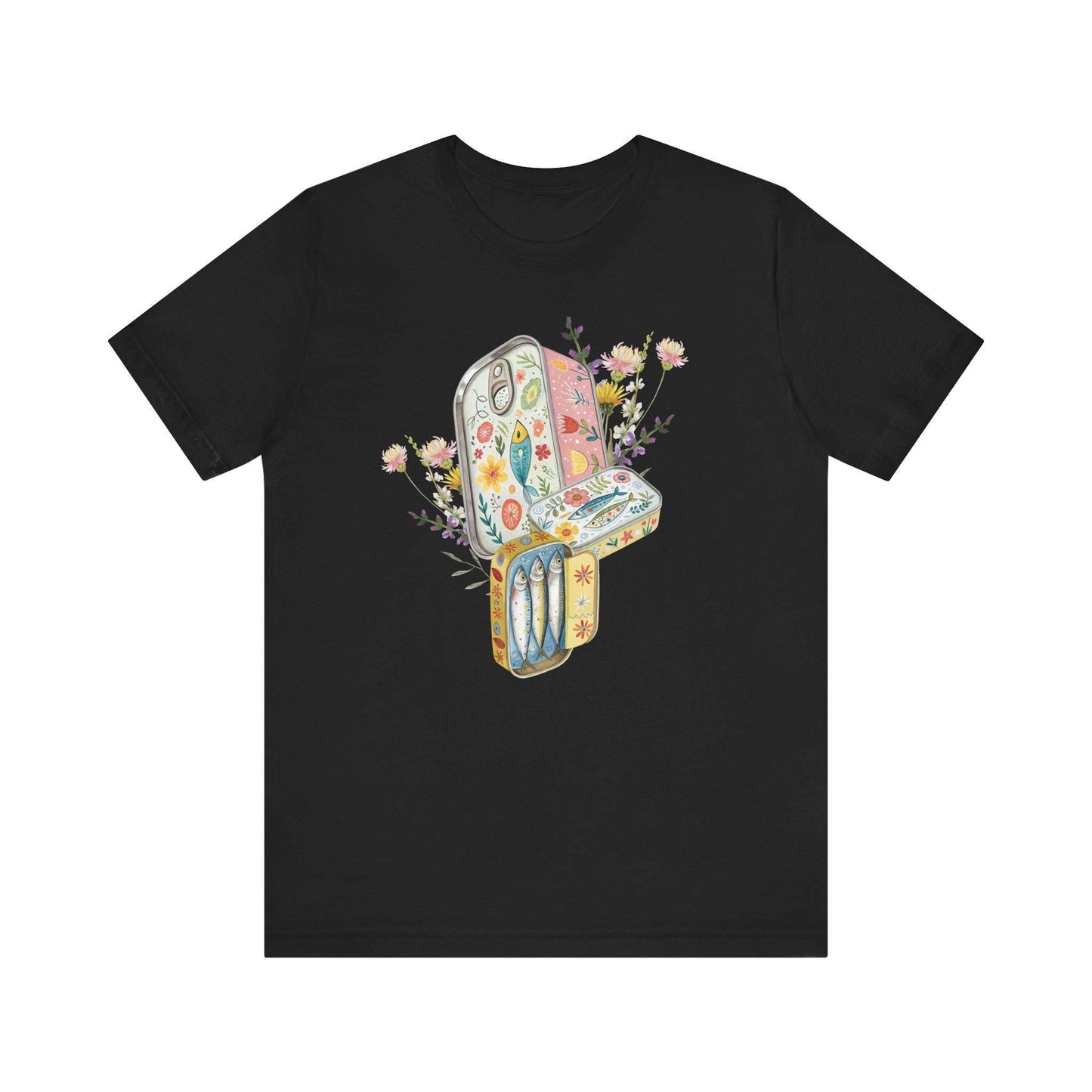 Tinned Fish Sardine Floral T-Shirt Bohemian Style Tee Casual Summer Shirt Gift for Nature Lovers Trendy Graphic Top