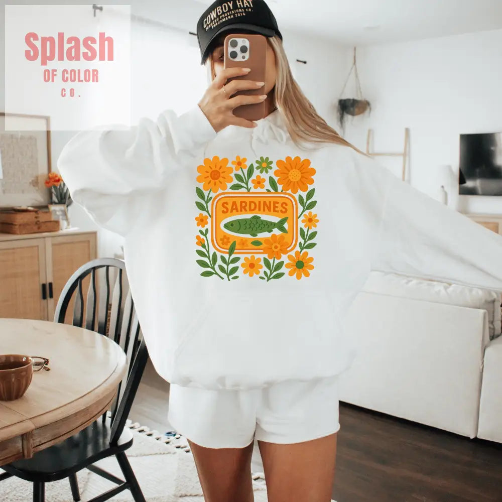 Tinned Fish Sardine Hoodie Colorful Sardines Floral Hoodie Unisex Nautical Sweatshirt for Fish Lovers