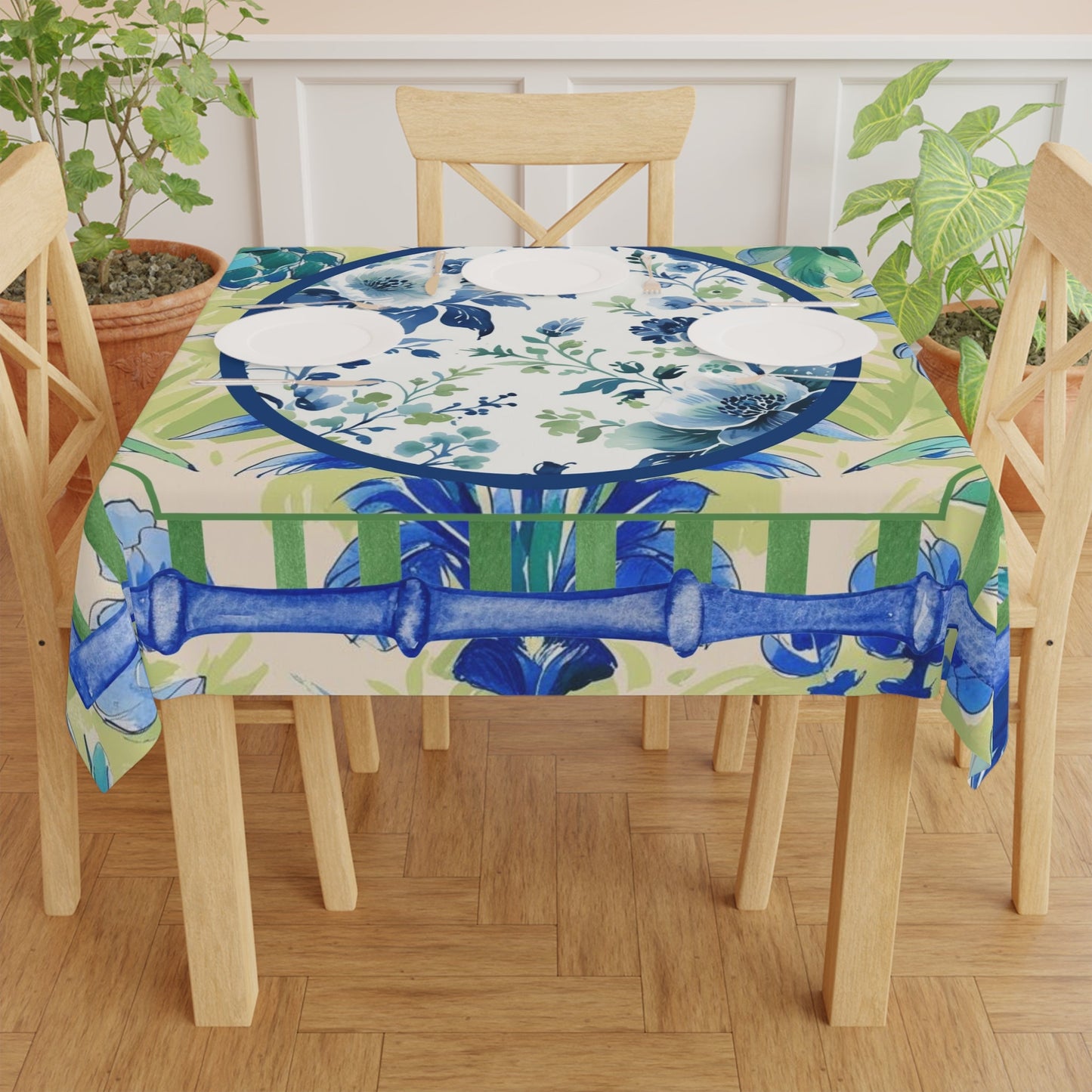 Toile de Jouy Tablecloth Elegant Floral Mahjong Dining Preppy Green Blue Bamboo Border Linens Home Decor Kitchen