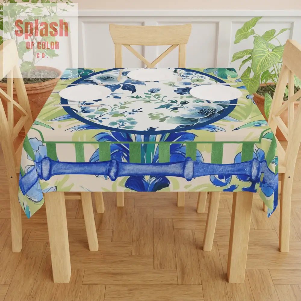 Toile de Jouy Tablecloth Elegant Floral Mahjong Dining Preppy Green Blue Bamboo Border Linens Home Decor Kitchen