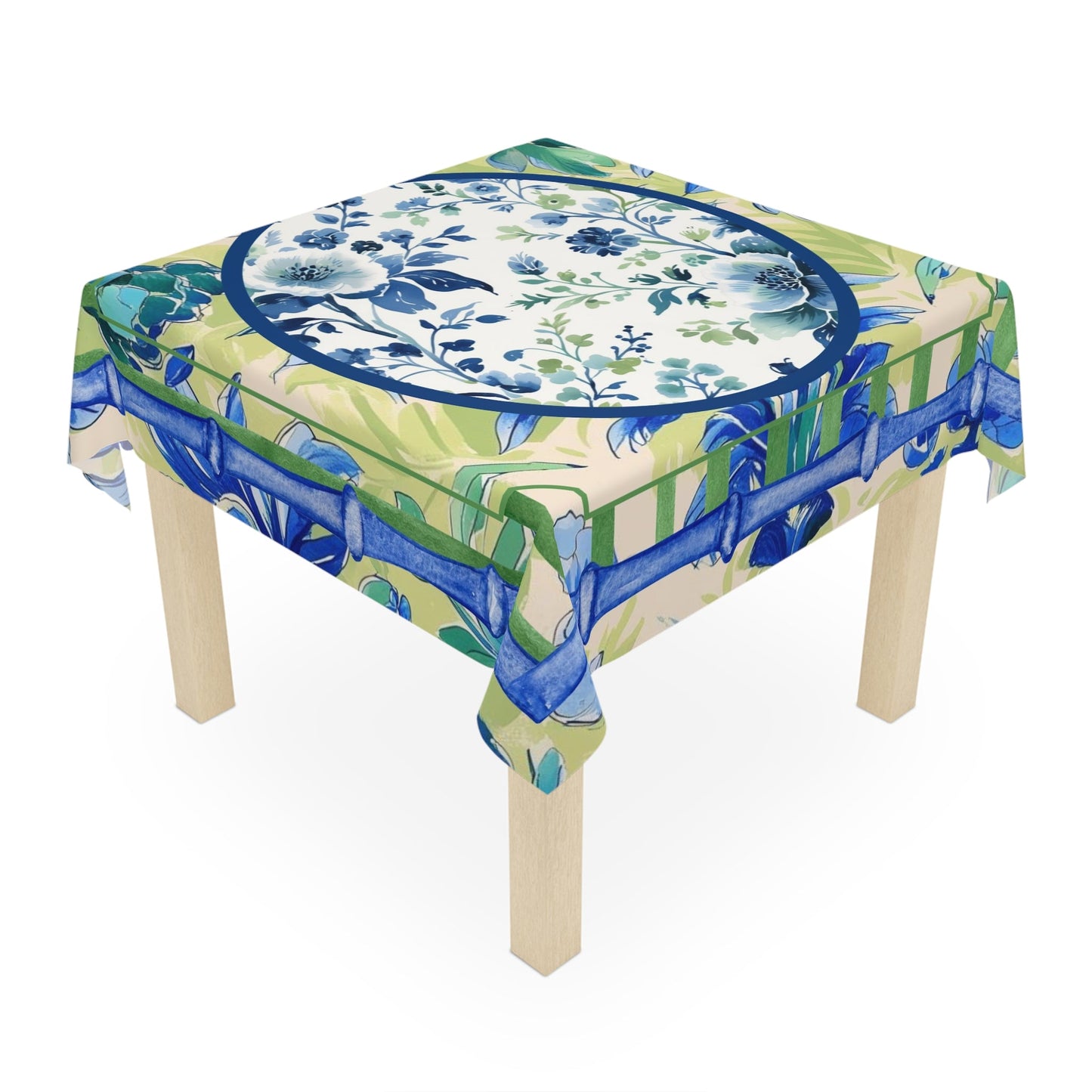 Toile de Jouy Tablecloth Elegant Floral Mahjong Dining Preppy Green Blue Bamboo Border Linens Home Decor Kitchen