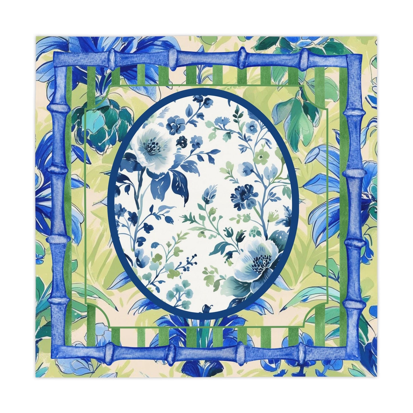 Toile de Jouy Tablecloth Elegant Floral Mahjong Dining Preppy Green Blue Bamboo Border Linens Home Decor Kitchen