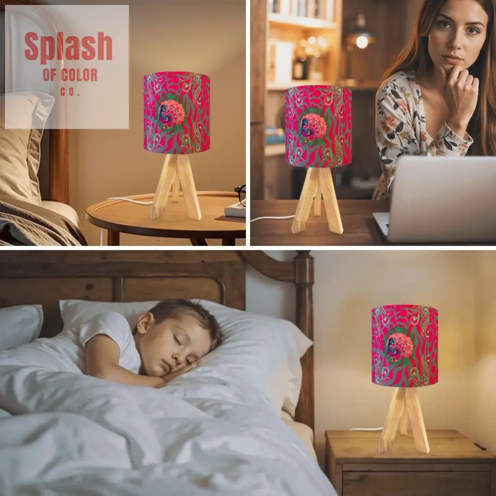 Fuschia Pink Peacock Tortoise Patterned Whimsical Tripod Table Lamp - Splash of Color co.