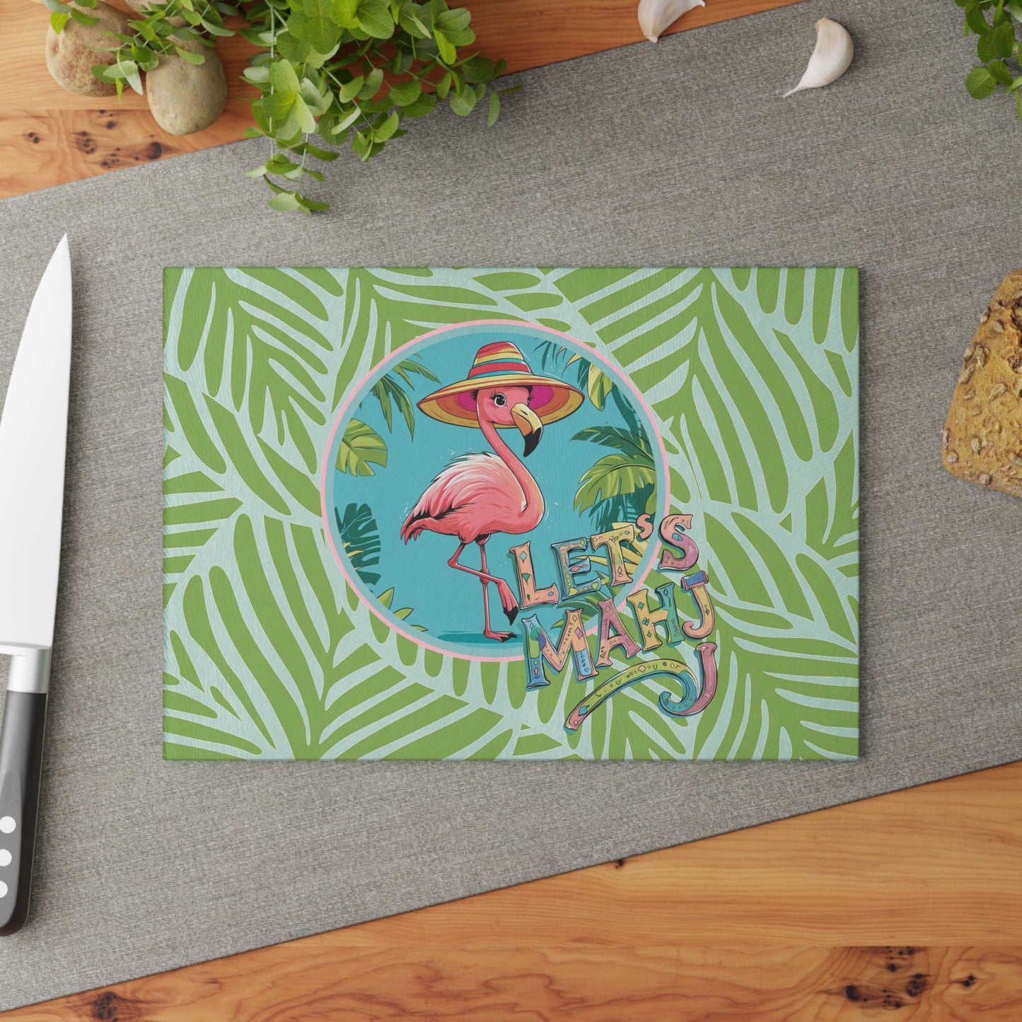 Tropical Flamingo Glass Cutting Board Mahjong Lover Gift Game Night Party Table Decor Let’s Mahj Charcuterie Mahj