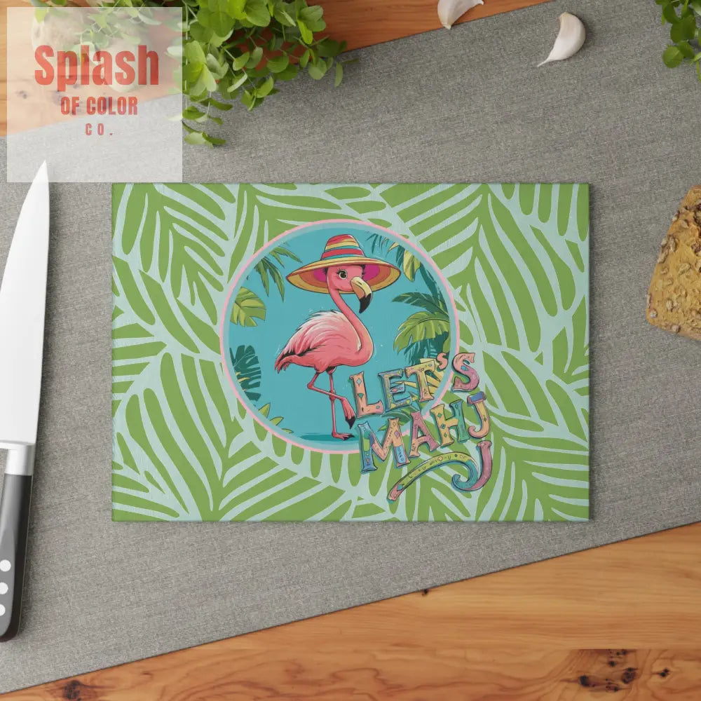 Tropical Flamingo Glass Cutting Board Mahjong Lover Gift Game Night Party Table Decor Let’s Mahj Charcuterie Mahj