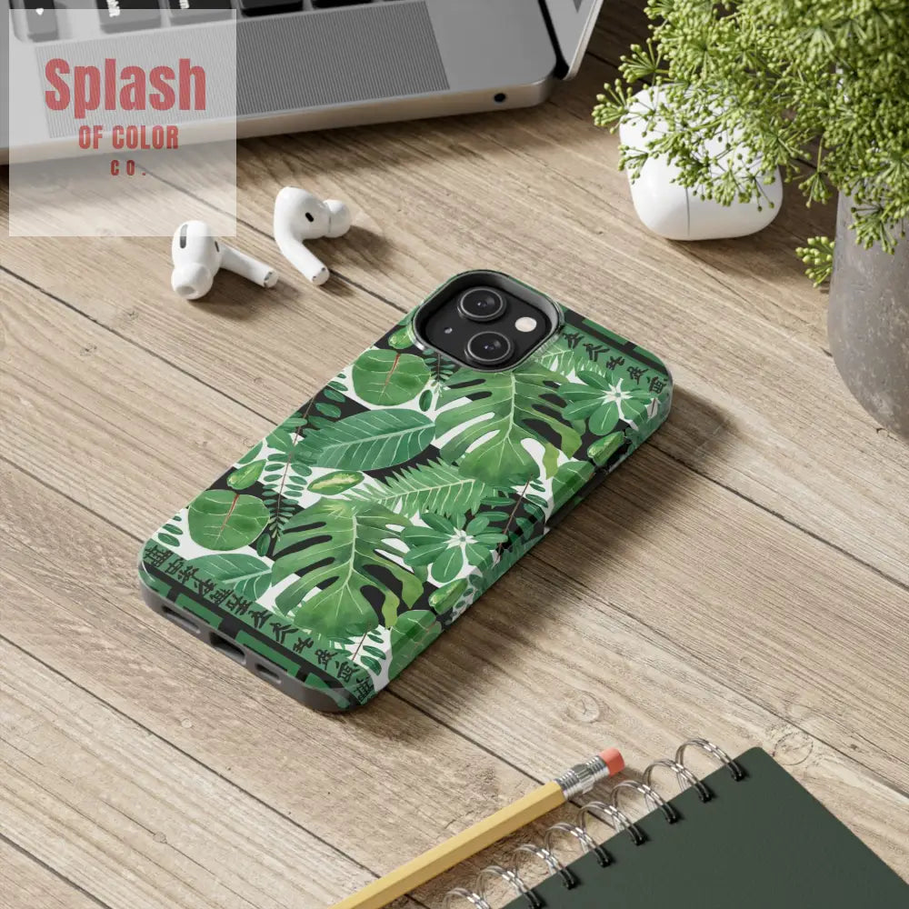 Tropical Mahjong Phone Case Tough Phone Case Monstera Boho Style Phone Case