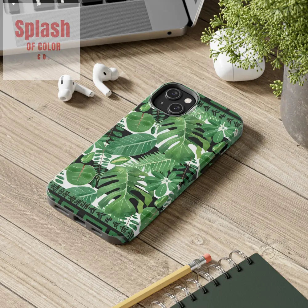 Tropical Mahjong Phone Case Tough Phone Case Monstera Boho Style Phone Case