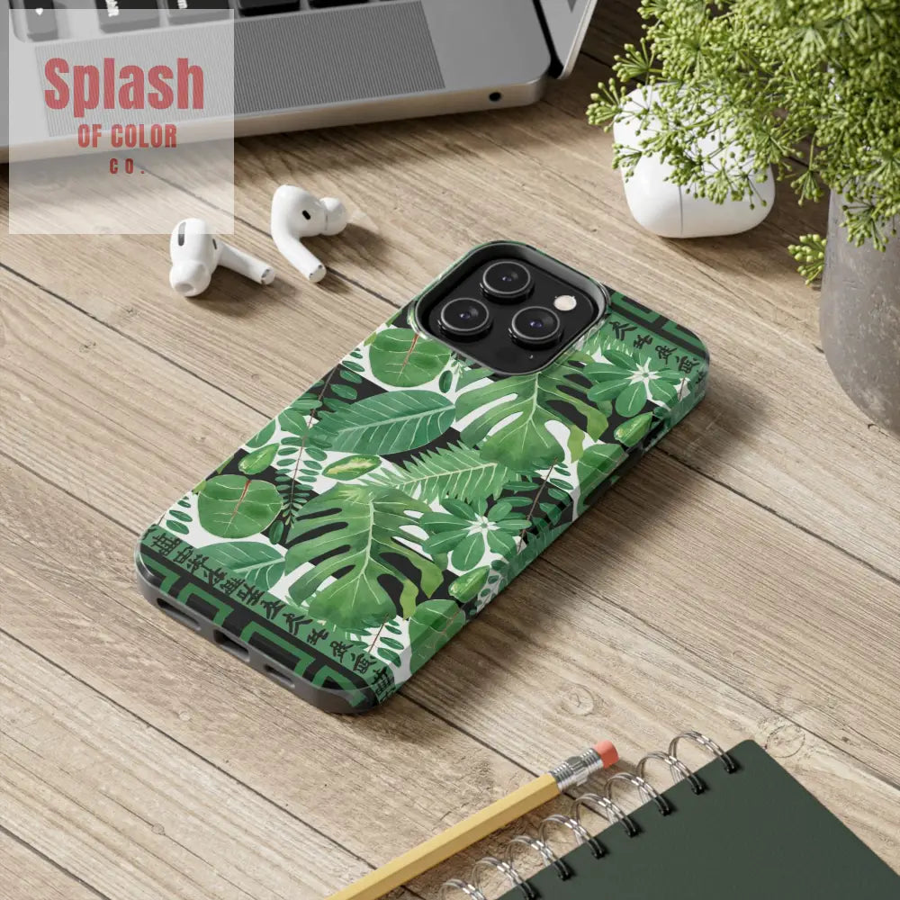 Tropical Mahjong Phone Case Tough Phone Case Monstera Boho Style Phone Case