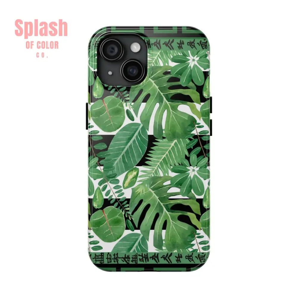 Tropical Mahjong Phone Case Tough Phone Case Monstera Boho Style iPhone 15 Phone Case