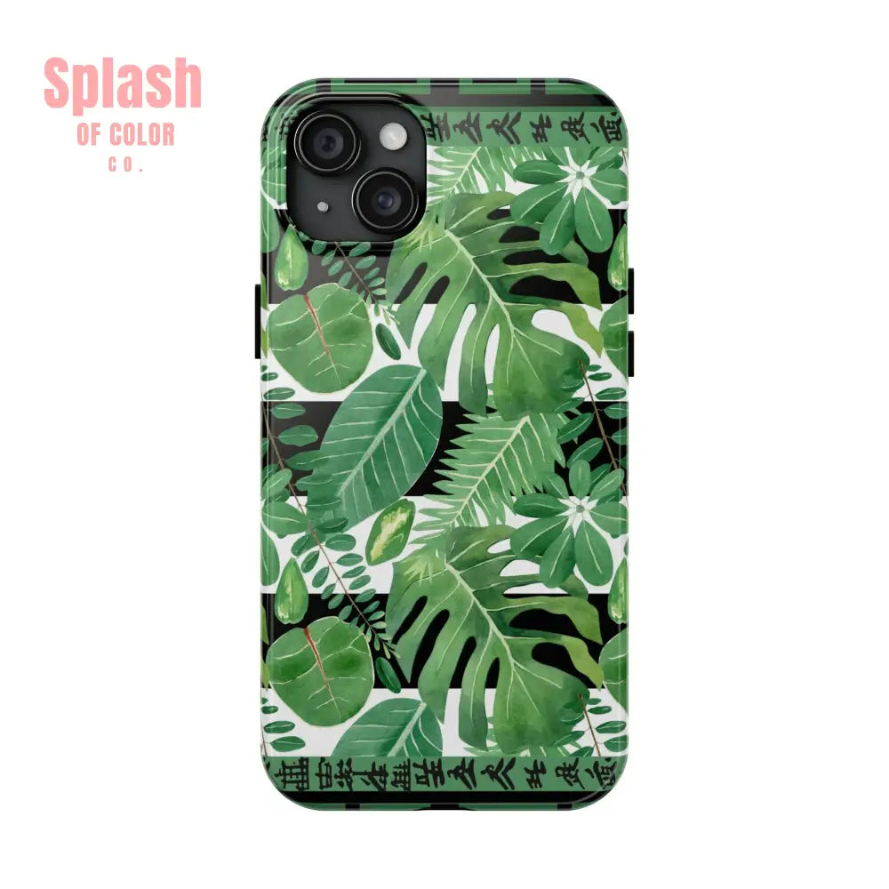 Tropical Mahjong Phone Case Tough Phone Case Monstera Boho Style iPhone 15 Plus Phone Case