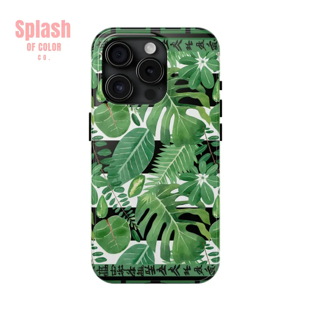 Tropical Mahjong Phone Case Tough Phone Case Monstera Boho Style iPhone 15 Pro Phone Case
