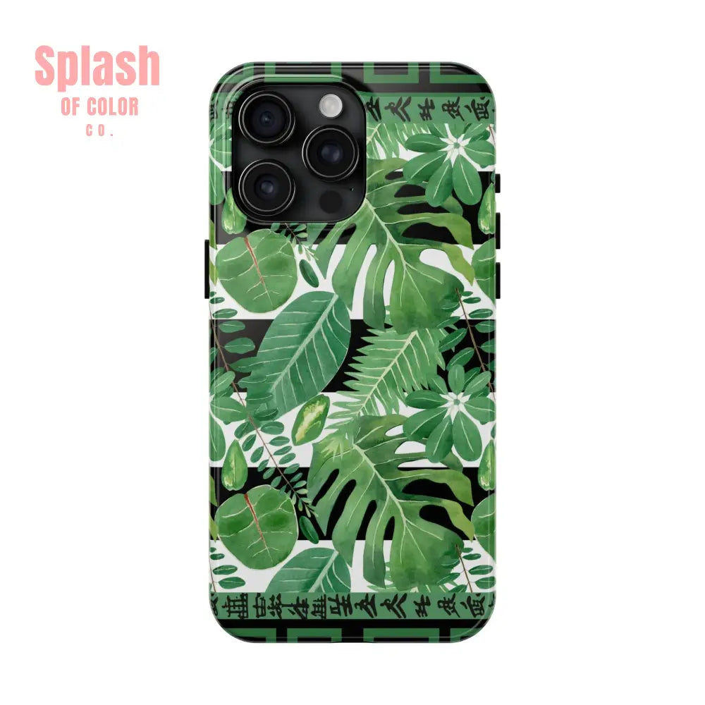 Tropical Mahjong Phone Case Tough Phone Case Monstera Boho Style iPhone 15 Pro Max Phone Case