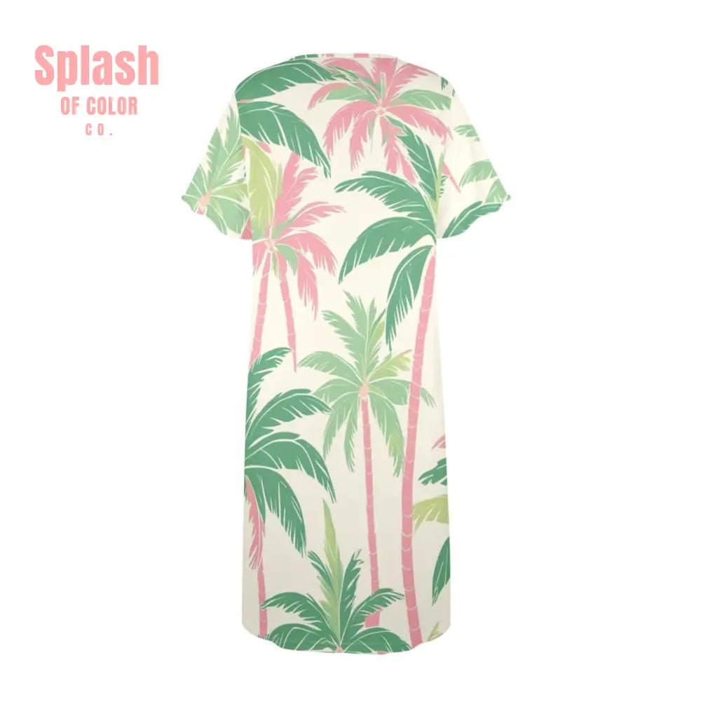 Tropical Palm Tree Paradise Pastel Preppy Pink Green Muumuu Dress Pajamas