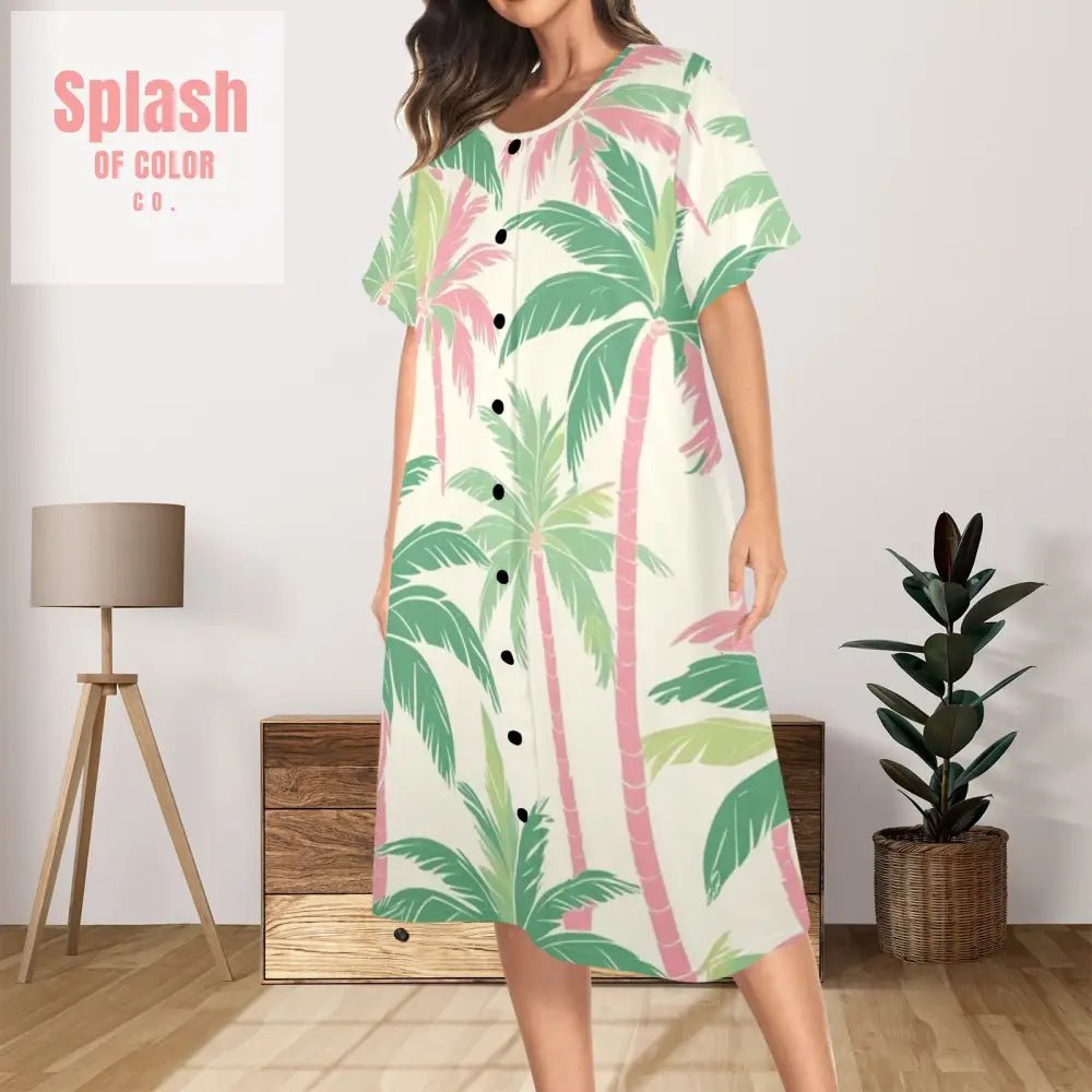 Tropical Palm Tree Paradise Pastel Preppy Pink Green Muumuu Dress - Splash of Color Co. 5XL Tropical Palm Tree Paradise Pastel Preppy Pink Green Muumuu Dress - Splash of Color Co. 5XL