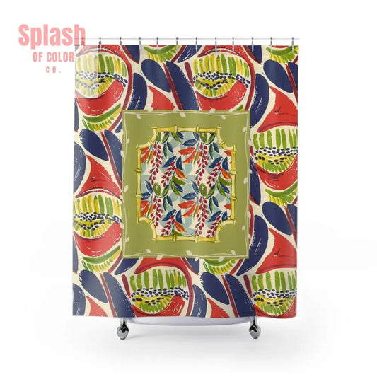 Vibrant Floral Heritage Shower Curtain - Boho Bathroom Decor, Citrus Green, Blue, Coral Boho Bath Decor - Splash of Color co.